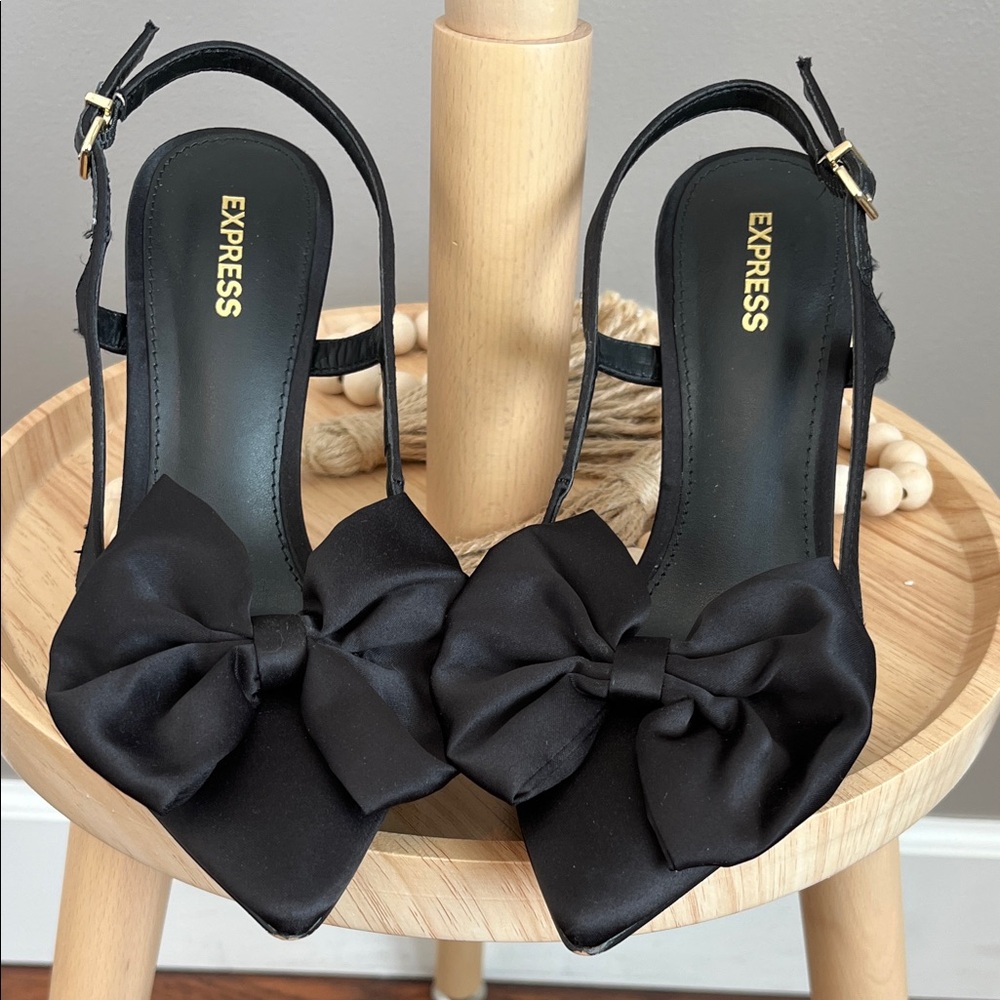 Express Black Satin Bow Slingback Heels